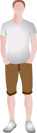 There a young man standing there-a blond man in a gray T-shirt and shorts. Youth style. Vector...