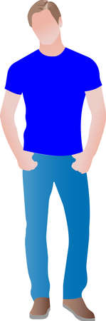 The young man standing there is a blond man in a blue T-shirt and jeans. Youth style. Vector illustration of a character with an unrecognizable anonymous face.のイラスト素材