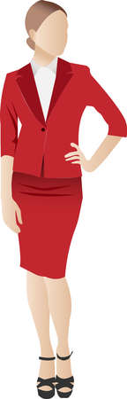 A slim, businesslike young girl in a red suit with a skirt. Vector illustration of a character with an unrecognizable anonymous face.のイラスト素材