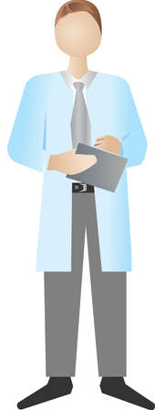 A doctor-therapist in a medical gown with documents for recording in his hand. Vector illustration isolated on a light background in cartoon style.のイラスト素材