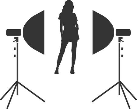 The softbox icon and the model of the girl to shoot. The softbox image for the studio for designing and developing websites and applications. Vector illustration isolated on a white background.のイラスト素材