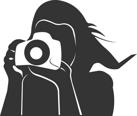The icon of a girl taking pictures with a camera. Image Photographerfor designing and developing websites and applications. Vector illustration isolated on a white background. Logo illustration.のイラスト素材
