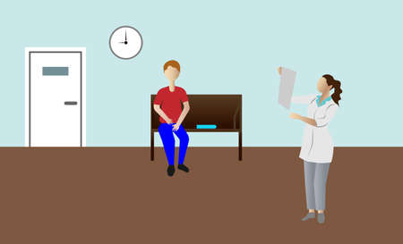 The patient is waiting for a doctors appointment. A female therapist examines the results of the tests. Visit to the doctor in the clinic. Vector illustration in a flat style.のイラスト素材