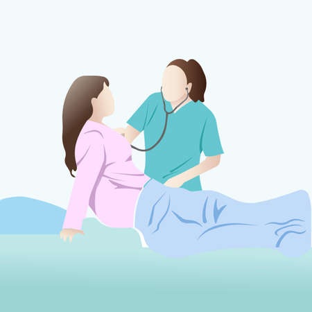 The doctor examines the breathing of the lying patient. A female therapist in medical clothing. The concept of health protection. Vector illustration in a flat style.のイラスト素材
