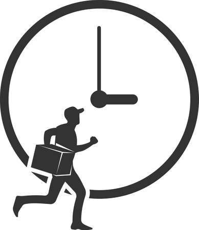The icon of a running courier with a parcel. The symbol of the silhouette of a fast courier. Fast delivery service. Vector flat illustration for apps and websites.のイラスト素材