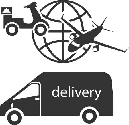 Icon of cargo delivery around the world. Delivery service by air, motorcycle and cargo transport. The image is intended for applications and websites.のイラスト素材