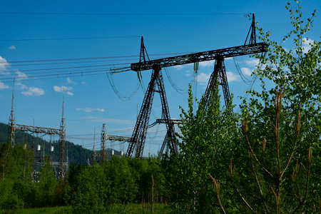Metal structures of an electrical substation surrounded by a forest. Provision of hydroelectric...