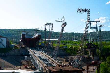 Machine for raising ships and launching them beyond the hydroelectric power station. Giant vessel...