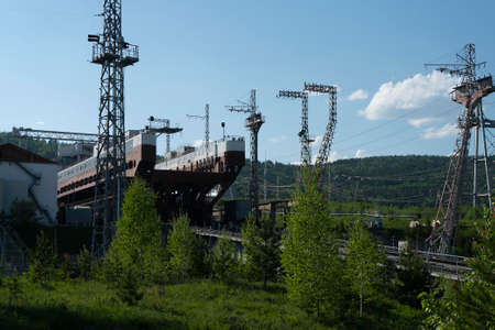 Machine for raising ships and launching them beyond the hydroelectric power station. Giant vessel...