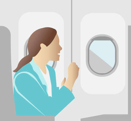 The cabin of the plane. The girl passenger is sitting in a chair and flying on a journey. Flat vector illustration.のイラスト素材