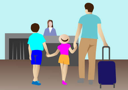 Check in desk at the airport. Passengers, a man with children goes to check in for the flight. Flat vector illustration.のイラスト素材