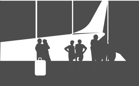 Vector illustration of passengers standing at the airport. People are standing in the building and looking out of the windows at the plane. Isolated image on a white background.のイラスト素材