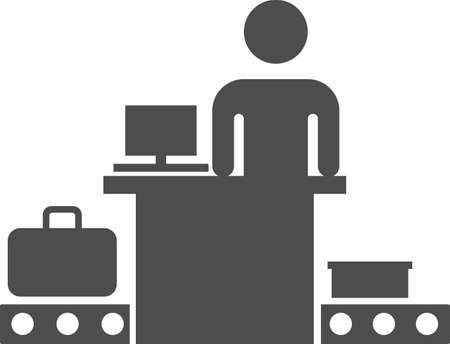 Vector image of checking luggage on a conveyor belt with a person. Flat design of a vector icon for advertising, applications, a web button logo, interface elements isolated on a white background.のイラスト素材