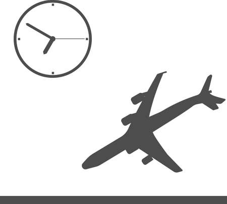 Vector image of an airplane landing by the clock. Flight delay. The image is isolated on a white background.のイラスト素材