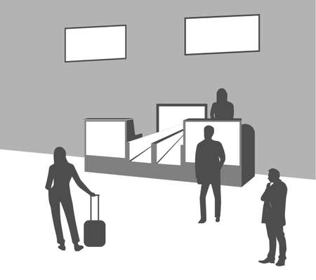 Vector illustration of baggage check in before boarding the plane. People are getting ready to hand over their luggage. Isolated image on a white background.のイラスト素材