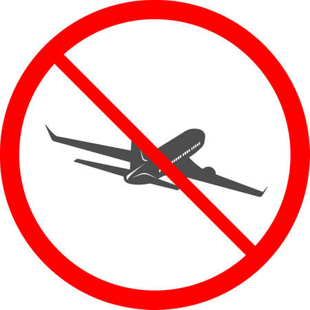 Vector symbol of the ban on aircraft flights. Flat design of a black vector icon for advertising, applications, web button logo, interface elements isolated on a white background.のイラスト素材