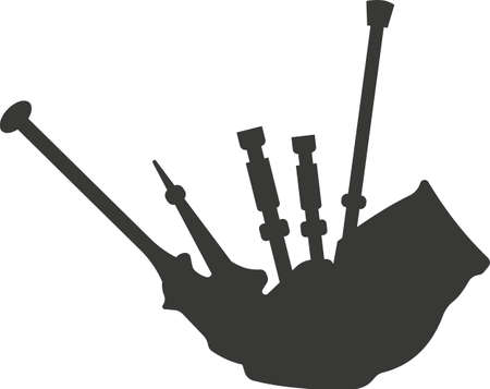 Black flat silhouette of a bagpipe with pipes. Vector illustration of a handmade bagpipe. A musical wind instrument. The image is isolated on a white background.のイラスト素材