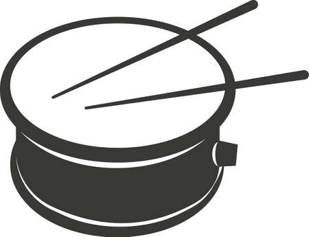 Black flat silhouette of a drum with wooden sticks. Vector illustration of a handmade drum. A musical percussion instrument. The image is isolated on a white background.のイラスト素材