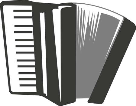 Black silhouette of a flat accordion with keys. Vector illustration of a handmade accordion. A musical keyboard instrument. The image is isolated on a white background.のイラスト素材