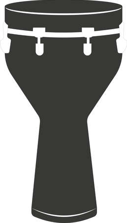 Black flat silhouette of an African djembe drum. Vector illustration of a handmade drum. A musical percussion instrument. The image is isolated on a white background.のイラスト素材
