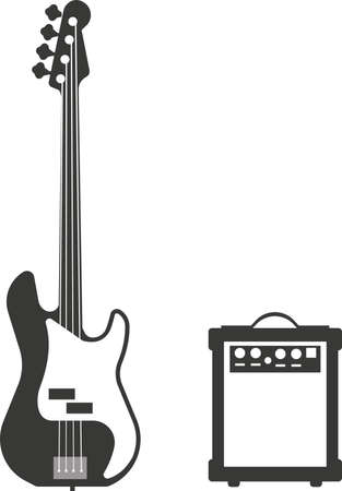Black flat silhouette of an electric guitar with a speaker. Vector illustration of a handmade electric guitar. A musical keyboard instrument. The image is isolated on a white background.のイラスト素材