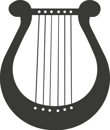 The black flat silhouette of a lyre with taut strings. Vector illustration of a handmade lyre. A musical wind instrument. The image is isolated on a white background.のイラスト素材