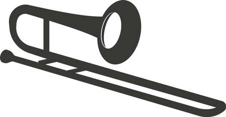 Black flat silhouette of a trombone. Vector illustration of a handmade trombone. A musical wind instrument. The image is isolated on a white background.のイラスト素材