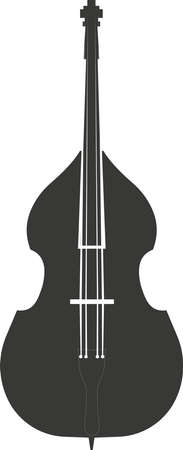 Black flat silhouette of a double bass. Vector illustration of a handmade double bass. A musical stringed instrument. The image is isolated on a white background.のイラスト素材