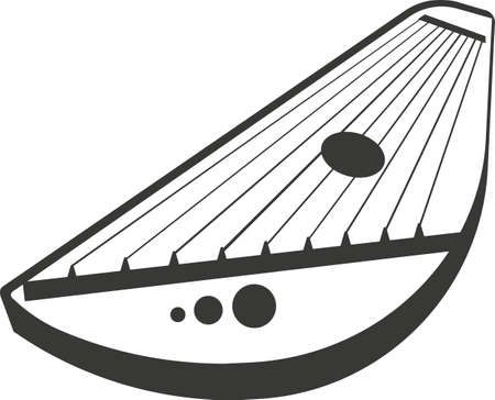Black flat silhouette of a harp with taut strings. Vector illustration of handmade gusli. A musical stringed plucked instrument. The image is isolated on a white background.のイラスト素材