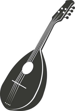Black flat silhouette of a mandolin. Vector illustration of a handmade mandolin. A musical stringed instrument. The image is isolated on a white background.のイラスト素材