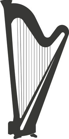 Black silhouette of a flat harp with strings. Vector illustration of handmade scarves. A musical stringed plucked instrument. The image is isolated on a white background.のイラスト素材