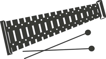 Black flat silhouette of a xylophone with sticks. Vector illustration of a handmade xylophone. A musical percussion instrument. The image is isolated on a white background.のイラスト素材