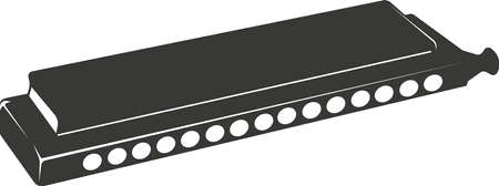 Black flat silhouette of a harmonica for music. Vector illustration of a handmade harmonica. A musical wind instrument. The image is isolated on a white background.のイラスト素材