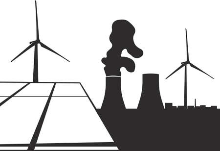 The icon of a power plant with a solar battery and windmills. The sign of electricity. Flat illustration on a white background. An illustration icon for a mobile concept, web design.のイラスト素材