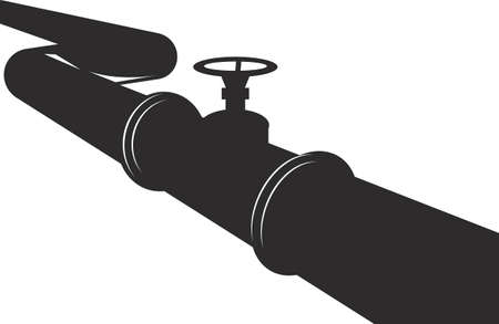 Pipeline with valve. Oil supply through the pipe. Black silhouette pressure system. Flat icon for mobile concept and web design. Vector image isolated on a white background.のイラスト素材