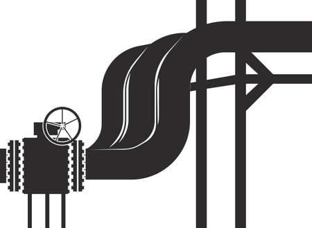 Pipe with valve and tap for gas, oil. Pressure system of black silhouette faucets. Flat icon for mobile concept and web design. Vector image isolated on a white background.のイラスト素材