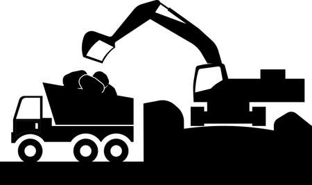 Coal mining by excavator. Transportation of coal by KAMAZ. Vector image isolated on a white background.のイラスト素材