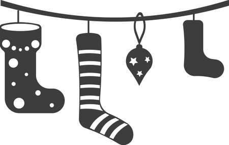 Christmas shoes, ornaments hanging on a rope. The symbol of Christmas in flat black. Vector image isolated on a white background.のイラスト素材