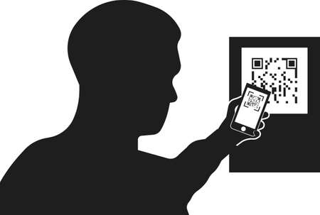The silhouette of a person scans the QR code. Scanning payments or a persons data. Vector image isolated on a white background.のイラスト素材