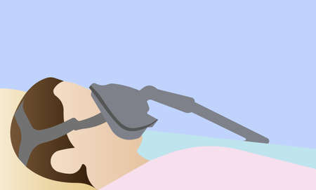 The patient is on a ventilator. A man is lying on a bed in a hospital ward. A vector image highlighted on a blue background.のイラスト素材