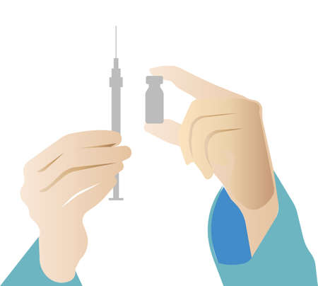 Preparation for vaccination against virus. The vaccine is in the jar, the syringe is in your hand. A vector image highlighted on a white background.のイラスト素材