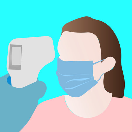 Checking body temperature with a thermometer. A patient with a high fever is examined. Vector image isolated on a blue background.のイラスト素材