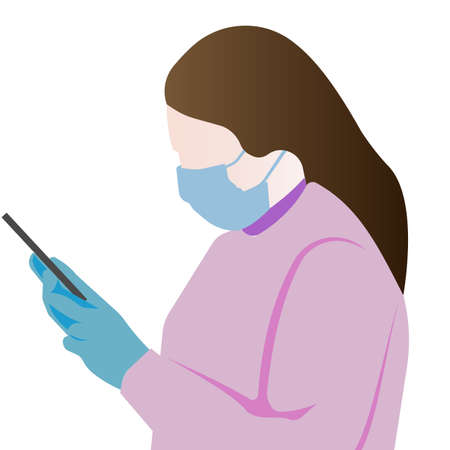 A masked doctor looks at the results of the recording. Treatment of patients in a pandemic. Vector image isolated on a white background.のイラスト素材