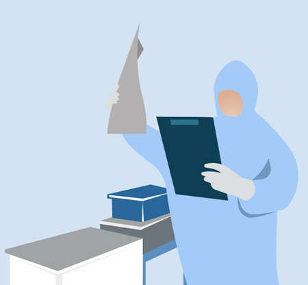 The doctor examines the X-ray. A doctor in a protective suit with a tablet for notes.のイラスト素材