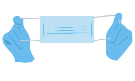 Hands in medical gloves hold a mask. Protection against   diseases. Vector image isolated on a white background.のイラスト素材