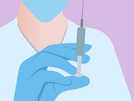 A doctor in a mask and glove with a syringe in his hand.のイラスト素材