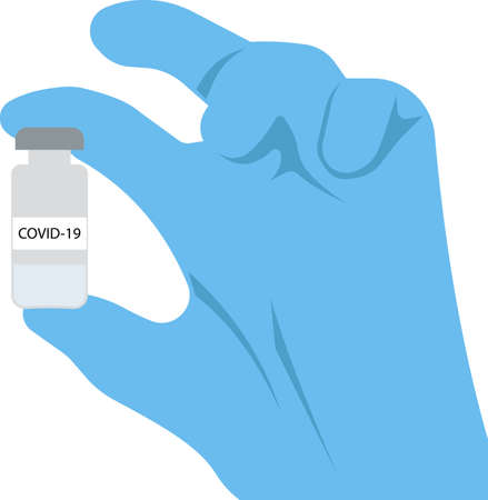 A doctors hand in a medical glove with a vaccine. Vaccination against coronavirus and seasonal diseases. Vector image.のイラスト素材