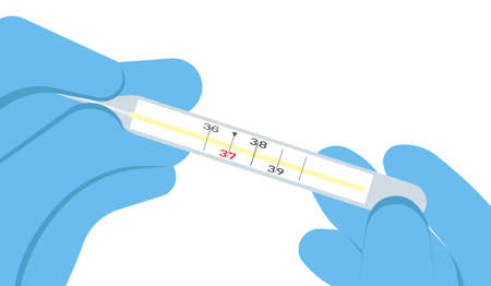 Hands in medical gloves hold a medical thermometer.のイラスト素材