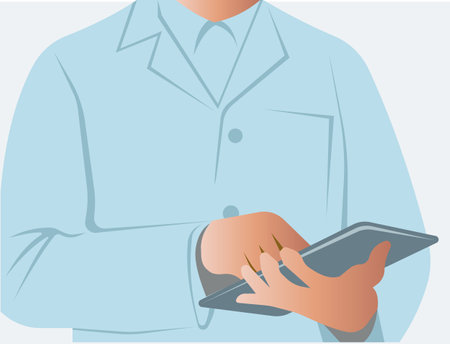 A doctor in a medical gown holds a patients card in his hands. Healthcare and medical care. Vector illustration on a white background.のイラスト素材