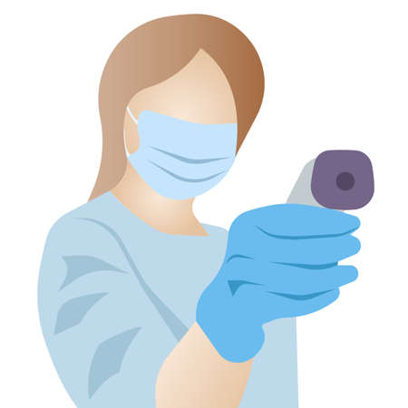 The thermometer is in the hands of a doctor. A medical worker measures the temperature. The epidemiological situation is bad. Vector illustration on a white background.のイラスト素材